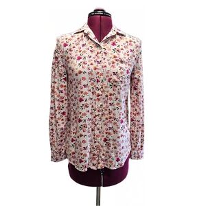 Beach Lunch Lounge Floral Button Down Shirt - Pink Orange Cream Brown Mulitcolor
